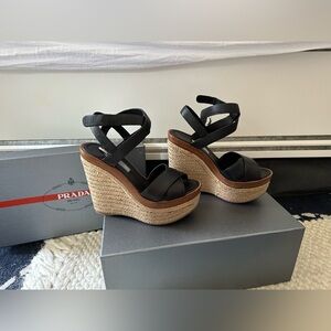 Gorgeous Prada Platform Sandals wedge hells & black leather straps wraps around